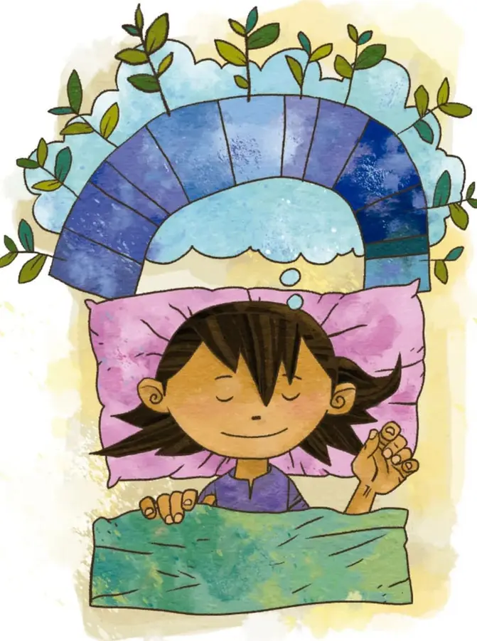 Ilustración de un niño dormido sobre una almohada rosa, con una cobija verde. Sobre él hay un arco decorado con nubes y hojas verdes, que representa el mundo de los sueños. El niño tiene los ojos cerrados y una mano levantada.
