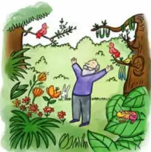 Ilustración de un anciano en un jardín con plantas, árboles y aves.