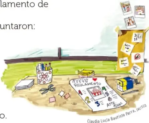 Ilustración de una mesa con un cartel amarillo que dice 'NUEVO REGLAMENTO ATTE. TODOS', rodeado de tijeras, crayones en un vasito, papelitos de colores, una libreta y fotografías pegadas en un tablero. Crédito: Claudia Lucía Bautista Parra, IAUSTO.