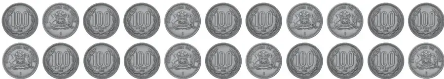 22 monedas de 100 distribuidas en dos filas; 11 muestran el escudo (cara) y 11 muestran el número 100 (sello).