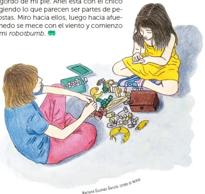 Ilustración de dos jóvenes sentados en el suelo rodeados de piezas de robot; uno sostiene una pieza amarilla y hay cajas y herramientas.