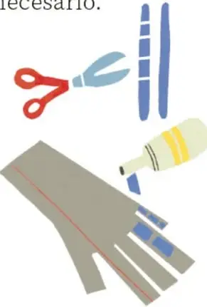 Tijeras rojas cortando dos varillas azules y un frasco amarillo con pegamento, junto a una mano de cartón gris con líneas rojas y azules marcadas.