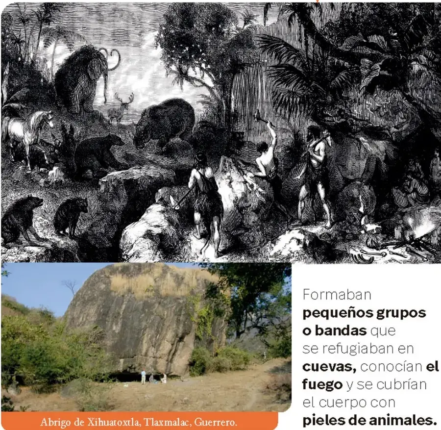 Grabado en blanco y negro que muestra a un grupo de personas prehistóricas cazando mamuts, renos y otros animales con lanzas, en un paisaje con palmeras y vegetación.