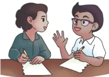 Ilustración de dos estudiantes sentados en una mesa, escribiendo y conversando sobre su proyecto; crédito a Mariana Reyes Santiago, Estado de México.