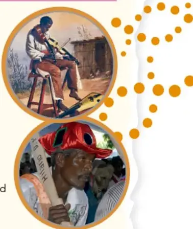 Ilustración de un músico afrodescendiente tocando un instrumento de cuerda.