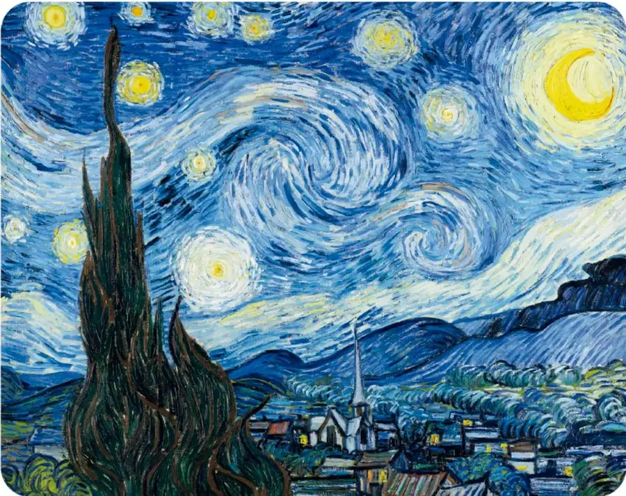 «La noche estrellada» (1889) de Van Gogh: cielo azul con remolinos, estrellas y luna amarillas con halos, gran ciprés oscuro a la izquierda, pueblo con iglesia de campanario y montañas al fondo.