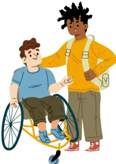 Ilustración de dos niños: uno sentado en silla de ruedas y otro de pie con mochila, ambos sonrientes, representando la inclusión y el trabajo en equipo.