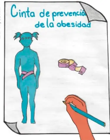 Ilustración de una hoja de cartel escrito a mano titulada 'Cinta de prevención de la obesidad', que muestra una figura infantil con una cinta alrededor de la cintura, una cinta métrica enrollada y una mano dibujando con un plumón.