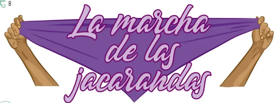 Ilustración de dos manos que sostienen un pañuelo morado en forma de triángulo con el título 'La marcha de las jacarandas'; sobre fondo blanco aparecen jacarandas ilustradas.