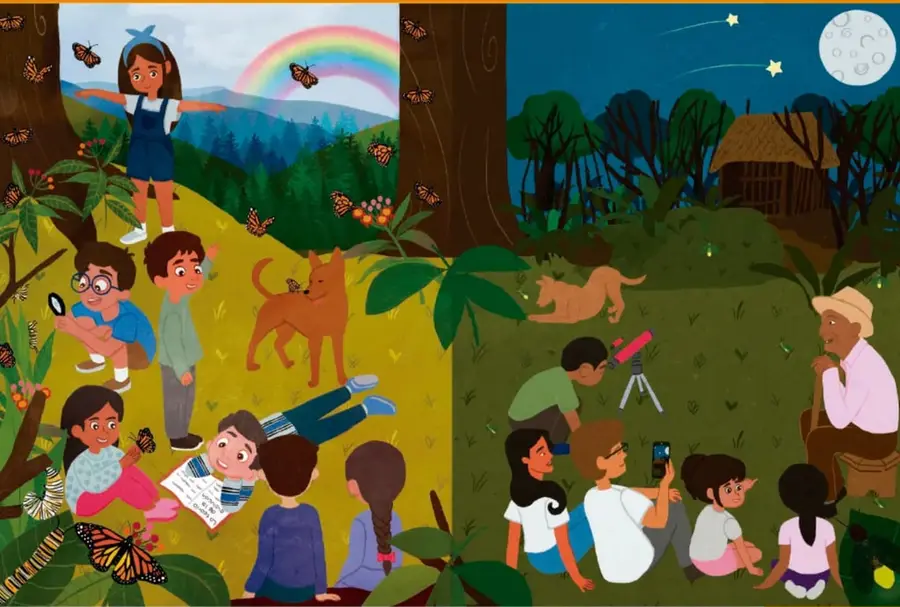 Ilustración dividida en dos escenas: a la izquierda, escena diurna con niñas y niños observando mariposas monarca y una catarina en un paisaje verde con arcoíris; a la derecha, escena nocturna con niñas y niños usando un telescopio y un adulto mayor sentado, junto a una casa de palma bajo la luna y estrellas.