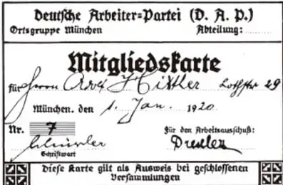 Carné del Partido Nazi (Deutsche Arbeiter-Partei) con datos de afiliación y sello.