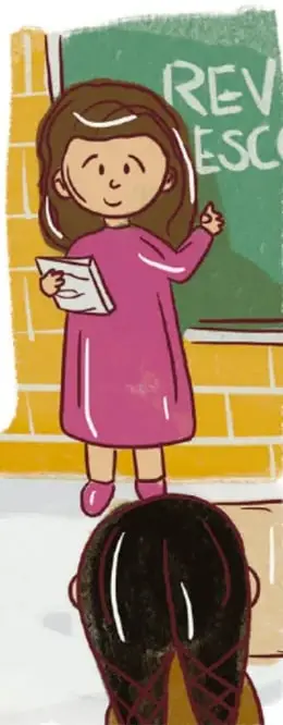 Ilustración de una maestra frente a un pizarrón verde con las palabras REV y ESC, y tres estudiantes de espaldas sentados en sus pupitres.