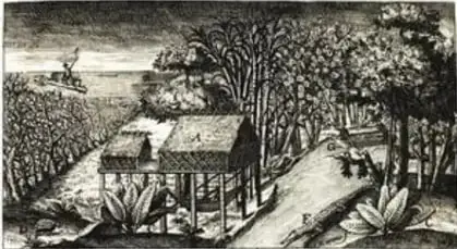 Grabado 'Casas del Río de Guayaquil' con árbol del cacao, lagarto y mujer indígena pescando.