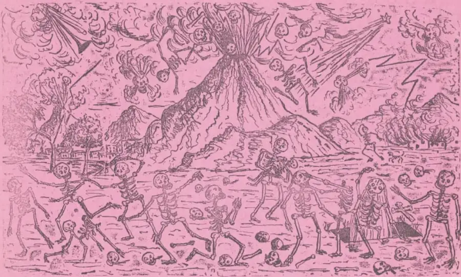 Grabado de José Guadalupe Posada con esqueletos danzando, un volcán en erupción, un cometa y una bicicleta, enmarcado con orlas decorativas.