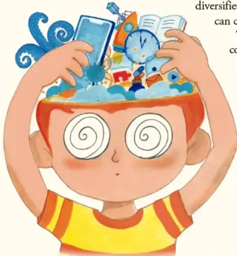 Ilustración de un niño con ojos en espiral y la cabeza llena de objetos (libros, reloj, engranes), representando la sobrecarga informativa.