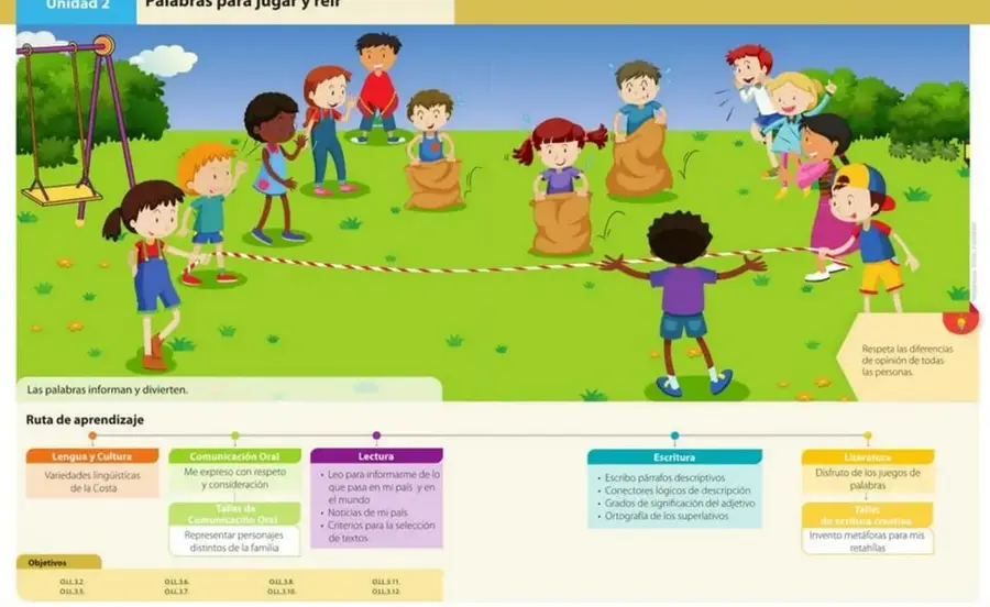 Ilustración con doce niños jugando en un campo: saltando en sacos, jalando una cuerda, columpios, riendo.