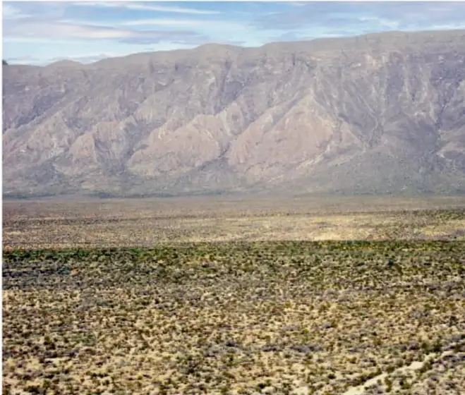 Panorámica del desierto con arbustos bajos y una sierra rojiza al fondo bajo un cielo despejado.