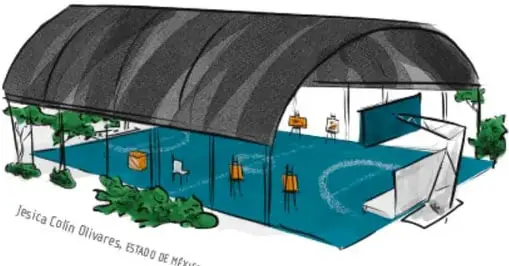 Ilustración de un auditorio o nave techada con público y escenario, acreditada a Jessica Colín Olivares, Estado de México.