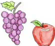 Ilustración de un racimo de uvas moradas y una manzana roja, alimentos saludables.