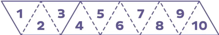 Tira de papel con 10 triángulos equiláteros numerados del 1 al 10, alternando orientación.