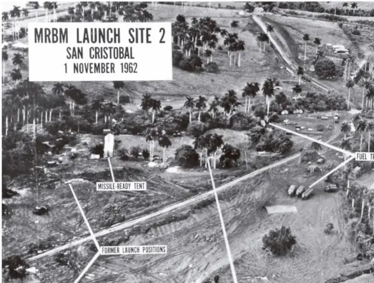 Fotografía aérea en blanco y negro del sitio de lanzamiento de misiles de alcance medio (MRBM) en San Cristóbal, Cuba, fechada el 1 de noviembre de 1962. Incluye rótulos que señalan la carpa de misiles listos, las antiguas posiciones de lanzamiento y un vehículo de combustible.