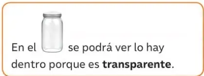 Recuadro con el dibujo de un frasco de vidrio transparente con burbujas y la frase 'En el [frasco] se podrá ver lo hay dentro porque es transparente'.