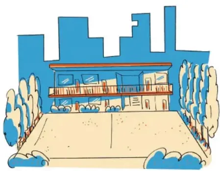 Ilustración de una escuela con patio de tierra, árboles a los lados y edificios de la ciudad al fondo; crédito: Brenda Flores Ramírez, Puebla.