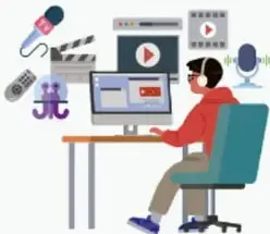 Ilustración de una persona con audífonos frente a una computadora con pantallas de video y micrófono, representando creación de contenido.