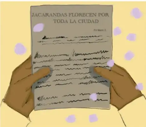 Ilustración de dos manos sosteniendo un papel con el texto 'JACARANDAS FLORECEN POR TODA LA CIUDAD' y flores moradas alrededor. Al pie: Mónica Mendoza Cruz, CIUDAD DE MÉXICO.