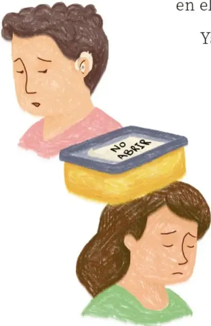 Ilustración de dos niños con cara de culpa y tristeza, uno con cabello rizado y otro de pelo castaño, con la cajita amarilla con nota 'No abrir' entre ambos. Crédito: Sarah Esther Legorreta Medrano, COLMNA.