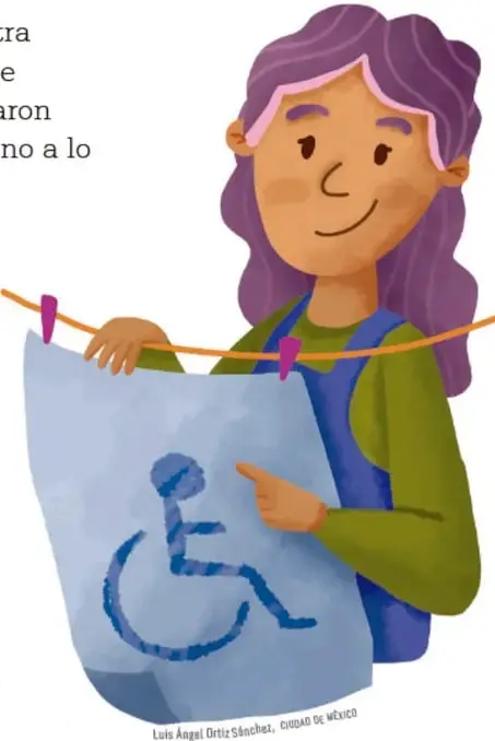 Ilustración de una maestra con delantal verde sosteniendo un cartel azul con el símbolo de accesibilidad (persona en silla de ruedas).