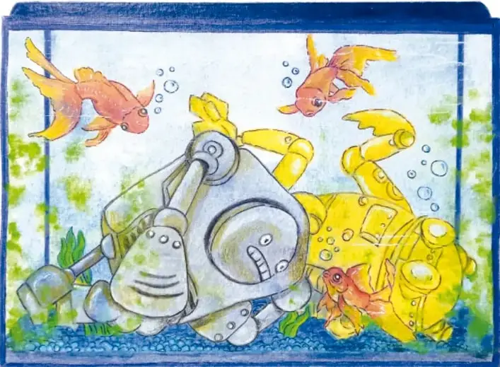 Ilustración de una pecera con dos robots de juguete (uno gris y uno amarillo) y peces naranjas. Los robots están enredados, uno sostiene una garra. Al pie: 'Mariana Guzmán García, Estado de México'.