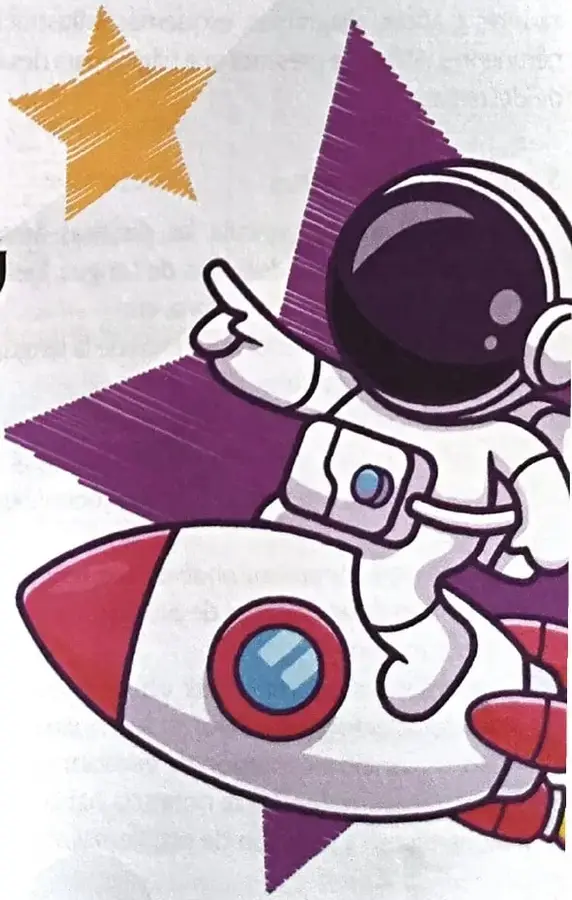 Ilustración de un astronauta infantil viajando en un cohete, que representa los sueños, la exploración y el futuro.