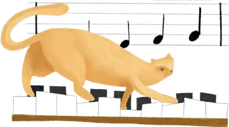 Ilustración de un gato naranja caminando sobre las teclas de un piano, con un pentagrama y cuatro notas negras arriba; crédito: Frida Lorena Solano Martínez, Ciudad de México.