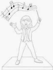 Ilustración de un director de orquesta de pie sobre una tarima (podio), sosteniendo una varita (batuta) en su mano derecha, con notas musicales alrededor.