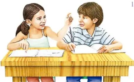 Ilustración de dos estudiantes sentados en una banca escolar; la niña levanta la mano y el niño escribe en una hoja, representando el trabajo en comunidad.