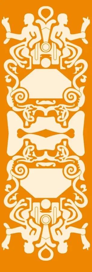 Ilustración ornamental simétrica en tonos naranja y crema con figuras estilizadas humanas y elementos antropomorfos de estilo mesoamericano.