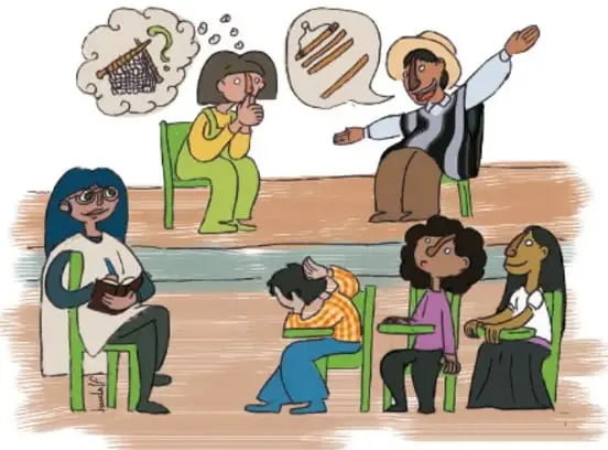 Ilustración de Julio César Banda Tecalco (Veracruz) que muestra un grupo de personas en círculo participando en un diálogo, una con cuaderno tomando notas, otra que habla con gestos y una tercera que escucha pensando.