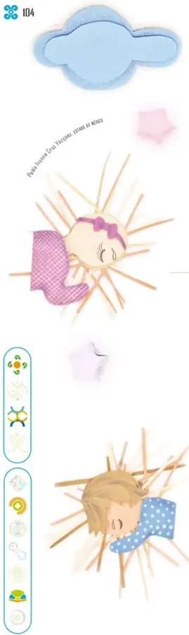 Dos personajes hechos con técnica de estambre y palitos: una niña con listón morado que duerme con los ojos cerrados rodeada de rayos de color madera, y un niño rubio con pijama azul de puntos que duerme abraza una almohada, también rodeado de palitos; nube de tela azul arriba.
