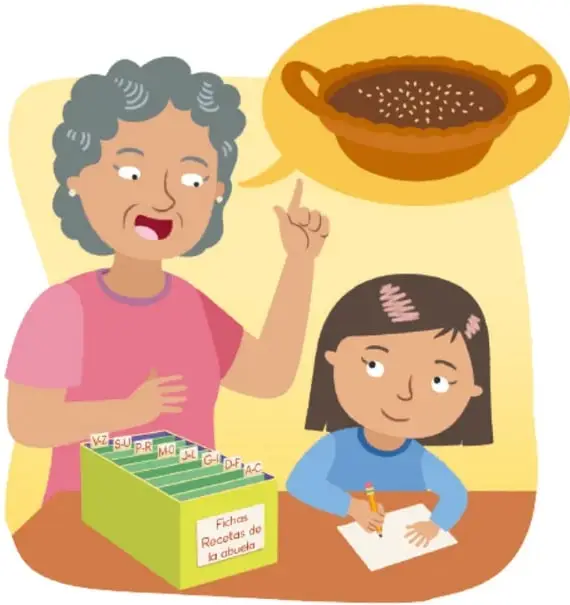 Una abuela señala un pensamiento con un molde de cocina mientras su nieta escribe fichas junto a un fichero verde titulado «Fichas: Recetas de la abuela».