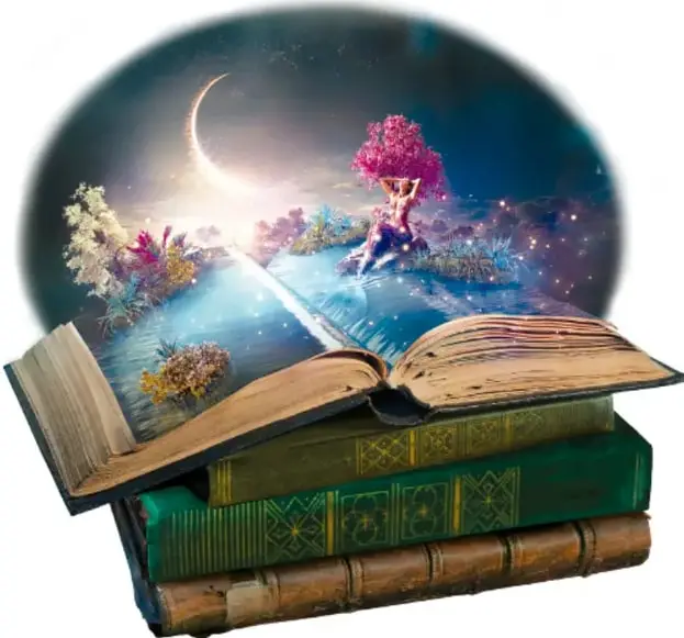 Ilustración de una pila de libros antiguos abiertos de los que emerge un paisaje fantástico: un cielo nocturno con luna creciente, un árbol rosado, agua brillante y figuras diminutas. Representa la imaginación y la lectura como puerta a mundos descritos.