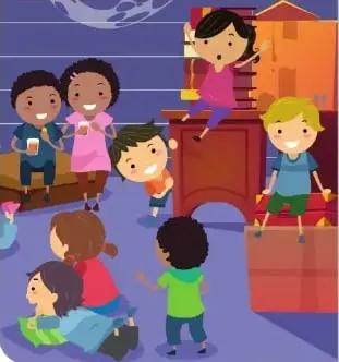 Ilustración de varios niños reunidos alrededor de una persona mayor que parece narrar o compartir una tradición.