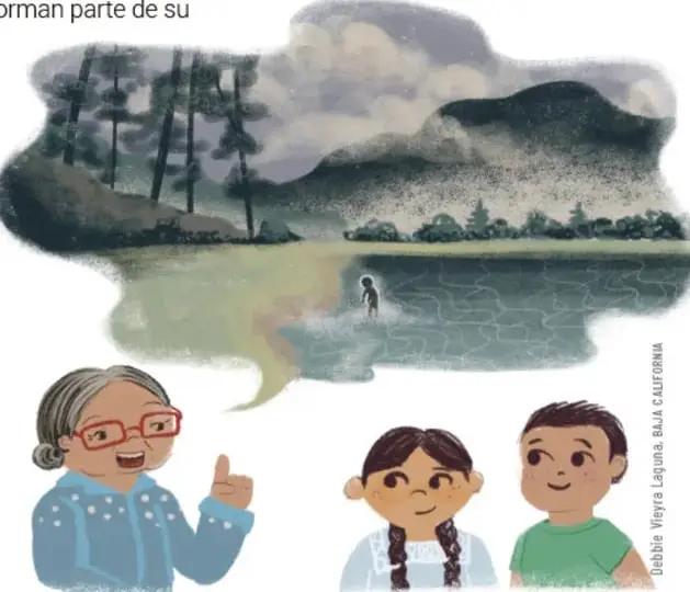 Ilustración de un paisaje nocturno con pinos, una laguna y una figura solitaria junto al agua, que representa la historia del ánima contada por la abuela.