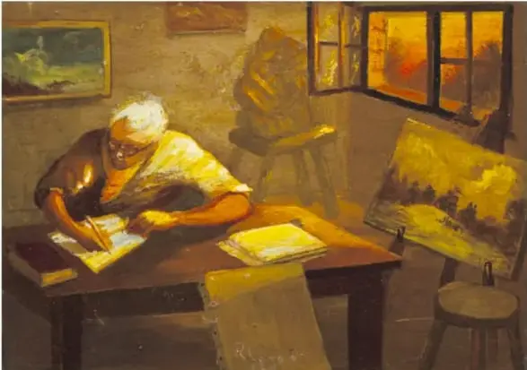 Pintura que muestra a un anciano sentado en un escritorio escribiendo, rodeado de caballete, ventana y luz cálida; representa al propio Ramón Cano Manilla en su vejez.