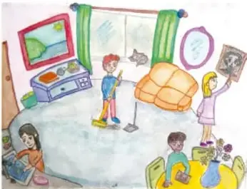 Ilustración de niñas y niños colaborando en las tareas del hogar: barrer, tender ropa, ordenar