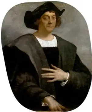 Retrato de Cristóbal Colón con sombrero y ropaje oscuro de la época.