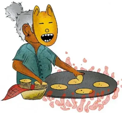 Ilustración de una persona mayor cocinando tortillas en un comal, con crédito a Luis Fernando Sotelo Gaspar, Querétaro.