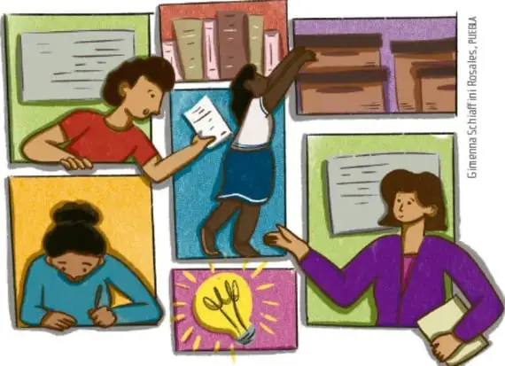 Ilustración de cuatro estudiantes en distintas actitudes (leer, escribir, alcanzar libros en una estantería, exponer) y una idea representada como bombilla con tenedor y cuchara, simbolizando la reflexión sobre el proyecto.