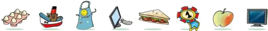 Ocho objetos para encontrar: huevos, barco, delantal, tableta, sándwich, medalla, manzana, televisor.