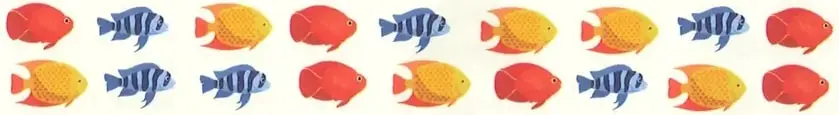 Dos filas de pececitos de varios colores para estimar y agrupar de 3 en 3.